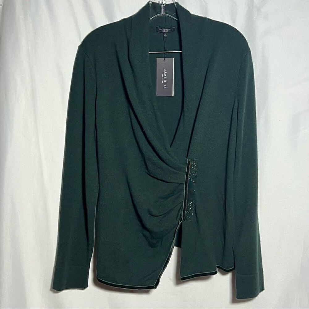 Lafayette 148 New York Cashmere Faux Wrap Sweater Spruce Green Womens XL